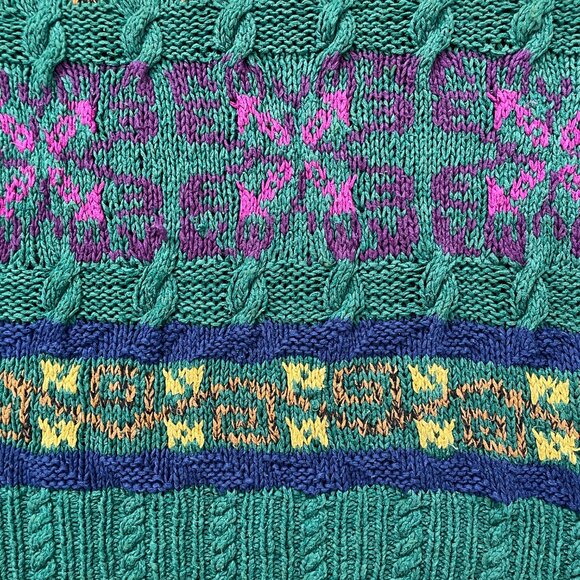 Vintage 90s Cabin Fever Sweater Women Large Hand Knitted Green Flowers Grandma - Picture 12 of 16